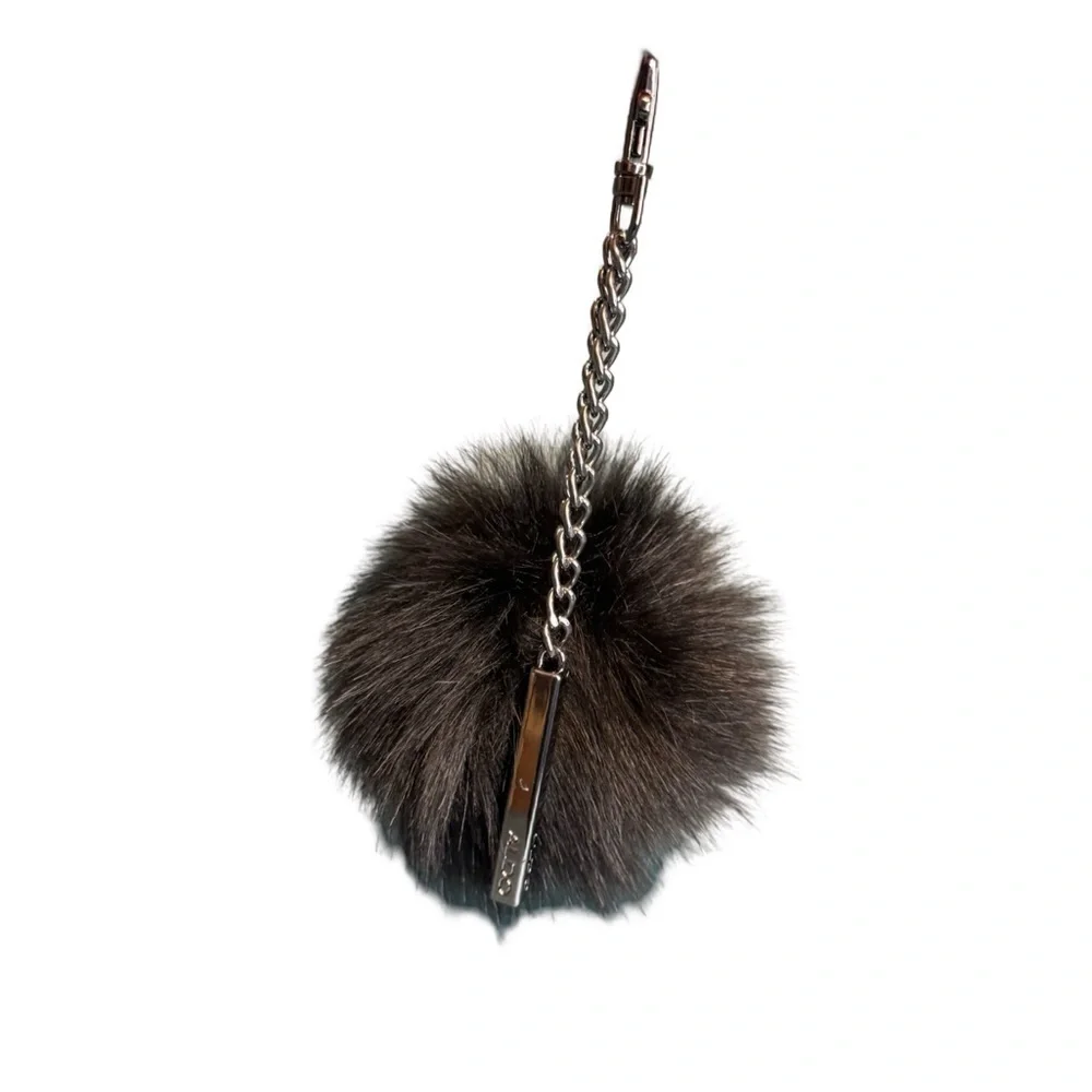 Black & Gunmetal Poof Circle Fuzzy Fur Aldo Bag Charm Key Chain EUC